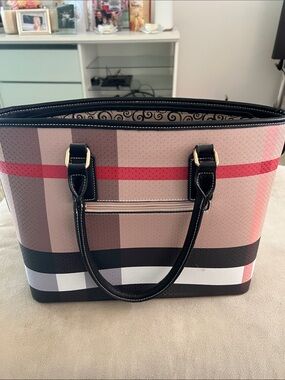 Plaid Tote Bag in Pink and Black with Gold Hardware